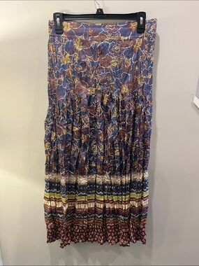 Current Air Floral & Stripe Tiered Maxi Skirt in Blue, Brown & Yellow